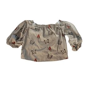 Zara Basics blouse, pinstripes and butterflies, off shoulder 3/4 sleeves, size s